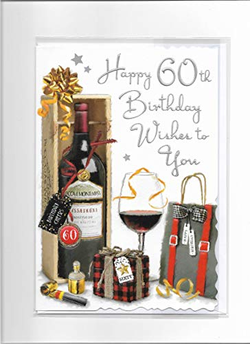 60th Birthday Card - Male - Wine Bottle, Glass and Gift Bag