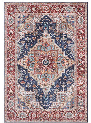Nouristan Asmar Teppich – Wohnzimmerteppich Orient-Touch Detailiertes Muster Florales Kurflor Flachgewebe Teppich für Esszimmer, Wohnzimmer, Schlafzimmer – Blau, 80x200cm