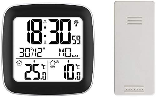 infactory Außenthermometer Funk: Digitaler Funkwecker mit Dual-Alarm, Thermometer, Außensensor, Datum (Funkuhr-Wecker mit Weckfunktion, Funkuhr mit Datumsanzeige, Temperaturanzeige)