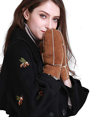 YISEVEN Damen Lammfell Handschuhe Fäustlinge Mite Gefüttert Lederhandschuhe Winterhandschuhe Fellhandschuhe Winter Shearling Fingerhandschuhe Lammfell-Fäustlinge Schaffell Fell Geschenke, Gold XL