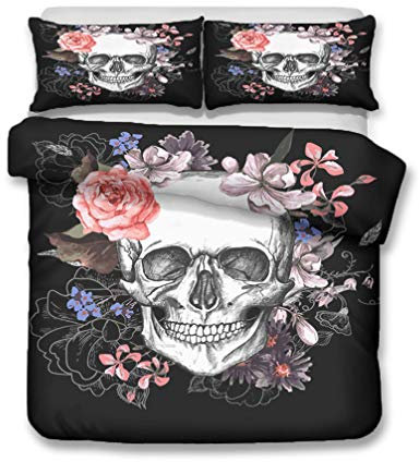 WENYA 3D Bedding set Gothic Duvet Cover and pillowcase Skull Flame Guitar Star Floral Duvet Cover and Pillowcase Microfiber Girl Boy (Style 3,Super king 220x260 cm)