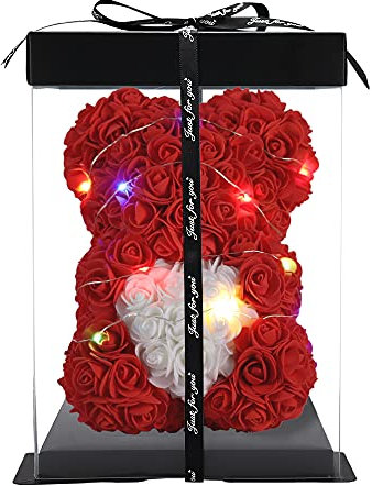 RUIWKO Rose Bear - Rose Teddy Bear 10 inch Teddy Flower Bear - Over 250 Dozen Artificial Flowers - Unique Gifts for Valentines Day, Anniversary & Bridal Showers with Clear Gift Box (red, 10inch)