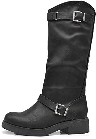 IF Fashion Scarpe Stivali da Donna Al Polpaccio Biker Motociclista Con Fibbie Anfibi YG883 nero N.37