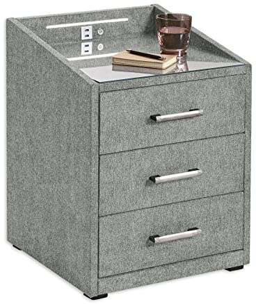 Stella Trading MOON Nachttisch Boxspringbett, Brego Grau - Funktionaler Nachtschrank mit USB-Anschluss und LED-Beleuchtung - 47 x 61 x 46 cm (B/H/T)