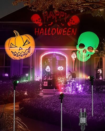 iShabao Halloween LED Lampada Proiettore con Zucca arancione, teschio verde, rosso Happy Halloween, Luce per Proiettore Impermeabile Decorazione Halloween di illuminazione Festa Natale Interno Esterno