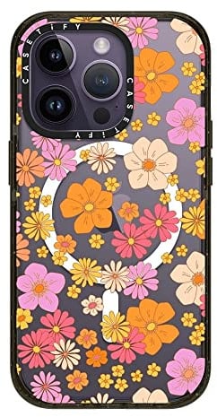 CASETiFY Impact iPhone 14 Pro Hülle [4X Falltest in Militärqualität / 2,5 m Fallschutz/Kompatibel mit Magsafe] - Retro Boho Hippie Blumen - Glänzend Schwarz