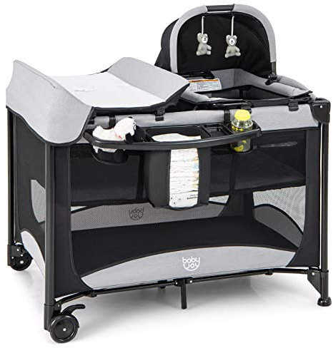 COSTWAY Lettino da Campeggio con Materasso, Lettino Pieghevole per Bambini con Fasciatoio, Culla da Viaggio con Ruote, Giocattolo, Lettino Bambini Staccabile, per Bambini 0-36 Mesi (Nero)