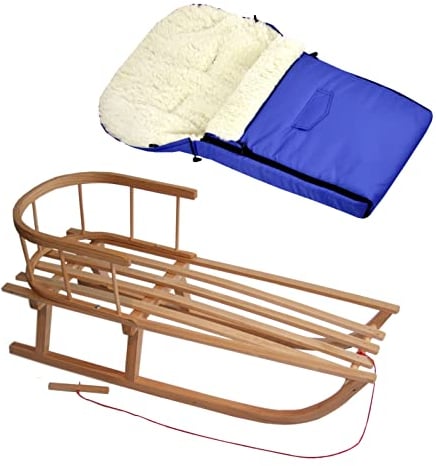 Kombi-Angebot Holz-Schlitten mit Rückenlehne & Zugseil + universaler Winterfußsack (90cm), auch geeignet für Babyschale, Kinderwagen, Buggy, Lammwolle Uni (blau + Schlitten)