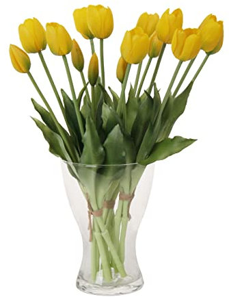cn-Knight 20 fiori di tulipani artificiali, 40 cm, con foglie finte, tulipani finti e boccioli per decorazione della casa, centrotavola ornamento bouquet da sposa, giallo
