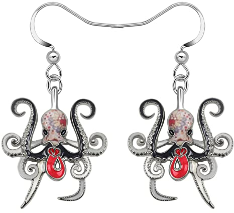 LONYOO Emaille Ozean Tiere Hai Ohrringe baumeln Zinklegierung Oktopus Qualle Wal Delphin Ohrringe für Frauen Mädchen Sommer Charms (Oktopus Ohrringe Schwarz)