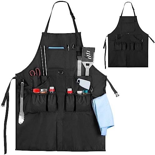 HODRANT Grembiule per Barbecue, Grembiuli da Cucina per Uomo con Tasche e Orlo a Fessura, Grembiule da Cucina con Cinturini Regolabili per Collo e Vita per Uomo e Donna (Solo Grembiule)