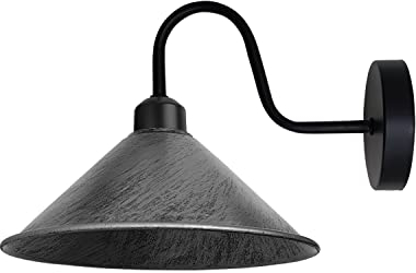 LEDSone Vintage-Wandleuchte, Vintage-Wandlampe, E27-Sockel, Schraubsockel, industrielle Wandmontage, Schwanenhals, kegelförmiger Schirm, Wandleuchte [Energieklasse A] (Black) (Gebürstetes Silber)
