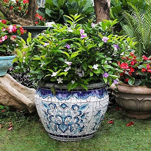 Handbemalter Keramik-Blumentopf im spanischen Stil, großer Blumentopf für den Innenhof, blauer mediterraner Blumentopf, Villa, Gartendekoration im Freien, Blumentopf, Korridor, Gang, Landschaft,