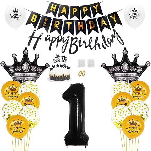 Daimay 1. Geburtstag Dekorationen Schwarz Gold Geburtstagsdeko Mann Frauen Happy Birthday Banner Konfetti Luftballons Nummer Folienballons Krone Mylar Ballon Tortendeko für 1 Jahre Geburtstagsdeko
