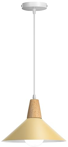 LIGKIN Pendelleuchte E27 Moderne Hängeleuchter Industrielle Deckenleuchte Ø25cm Metall Lampenschirm Vintage Holzkronleuchter für Küche Esszimmer Kaffeezimmer, Gelb
