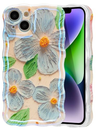 EYZUTAK Case for iPhone 14, Colorful Retro Oil Painting Flower Leaves Laser Glossy Pattern Cute Curly Waves Edge Exquisite Phone Cover Stylish Durable TPU Protective Case for Girls Women - Blue Green