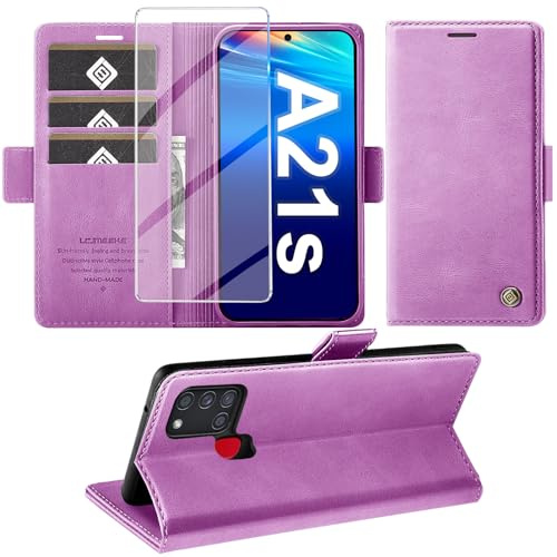 Giyer Handyhülle für Samsung Galaxy A21S Hülle mit Displayschutzfolie, Schutzhülle Galaxy A21S PU Leder Wallet Flip Case Standfunktion Kartenfach Klapphülle für Samsung A21S Tache Cover (Lila)