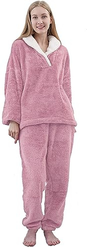 ZBH1985 Pigiama da Donna in Pile Corallo, Pigiama in Flanella, Set di Pigiama Morbido, Abbigliamento per Il Sonno Caldo, Set di Pigiama in Due Pezzi