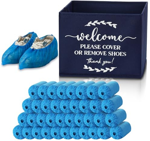 Suzile 200 Pack Disposable Shoe Covers with Dispenser Box Waterproof Disposable Non Slip Shoe Booties Foot Covers with Storage Box for Guests Indoor Open House Supplies(Dark Blue)