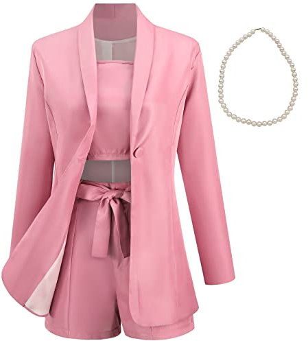 aromm 3 pièces Femmes Costume Bureau Ensemble Blazer Manches Longues & Shorts Noué & Camisole Costumes D'été Rose, L