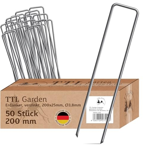 TTL Garden 50x Erdanker 200 x 25 x Ø 3,8 mm - verzinkte & gehärtete Carbon Stahl Bodenanker Heringe für Unkrautvlies, Gartenvlies, Zaun, Vogelschutznetz, Camping - Anti-Rost robust rostfrei