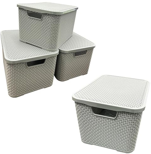 Pluto Packaging Light Grey Home Kitchen Laundry Bathroom Rattan Effect Storage Baskets With Lids (2)