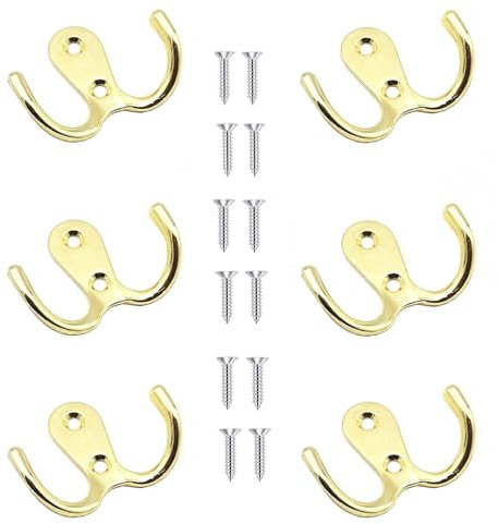Yesmin 6 Pcs Double Prong Robe Hooks, Dual Coat Hooks Wall Mounted Hanging Clothes for Bathroom Bedroom Door Wall Retro Metal Cloth Hanger Double Coat Hooks with 8 Screws-Gold