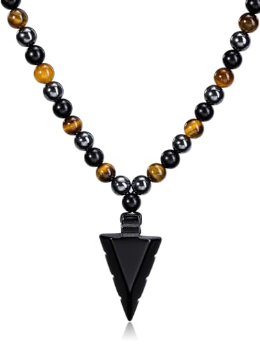 GEHECRST Edelstein Kette Herren Pfeil Anhänger Halskette Obsidian Heilsteine Kette Kristall Halskette Glückskette Amulett Herren Geschenk Schmuck