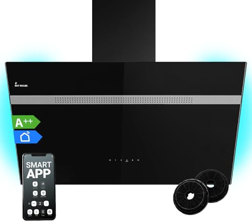 Dunstabzugshaube 90 cm | Kopffreie Wandhaube | Edelstahl | schwarzes Glas | WiFi Smart App | Nachlaufautomatik | RGBW-LED-Beleuchtung | SensorTouch Bedienung | ALPINA909HC