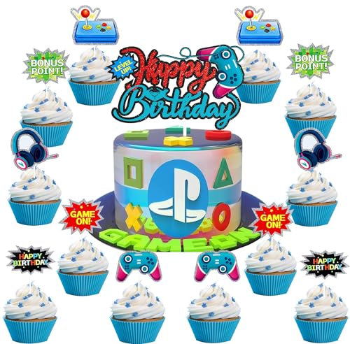 Huaxintoys 13 Stück Videospiel Tortendekorationen, Videospiel Cupcake Topper, Game Controller Deko Kuchen, Thematische Partydekoration für Kinder Torten Deko Gaming
