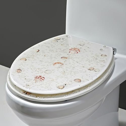 Wttfc WC-Sitz mit Absenkautomatik, Toilettensitz aus Transparent Harz, WC Deckel mit Edelstahl-Scharnier, 3D-Ozean-Serie Toilettendeckel mit Echte Muscheln und Kies, V-Form Toilettenbrille,J