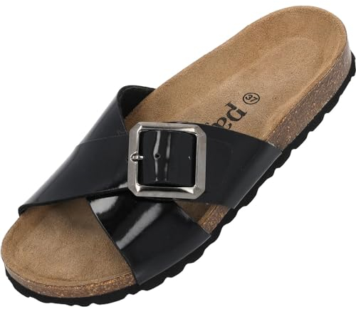 Palado Damen Pantoletten Ranreak - Schuhe mit Riemen - elegante Hausschuhe - Sohle aus feinstem Veloursleder - Sandalen mit Natur Kork-Fußbett Schwarz Lack UK5,5 - EU38, 11-71-10550-406