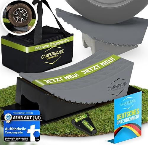 CAMPERGRADE Auffahrkeile für Wohnmobil - maximaler Halt [inkl. Wasserwaage, Unterlegmatten] Unterlegkeile für Wohnwagen und Anhänger - kein Einsinken, 2er Set [für Fahrzeuge bis zu 13,5t] (grau)