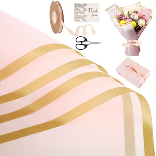20 Blatt Rosa Blumenpapier, Blumenstrauß Papier, Floristen Bouquet Papier Wasserfestes Blumenstrauß Geschenkpapier für Geschenke, Blumen, Bastelarbeiten (mit Band, Karte und Schere)