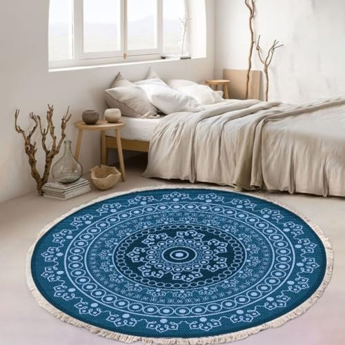 Tomifine Tappeto Soggiorno Rotondo Tappeti con Nappe Antiscivolo Lavabile in Lavatrice in Stile Bohémien con frangia per Cucina Corridoio Camera da Letto (60 cm,Blu)