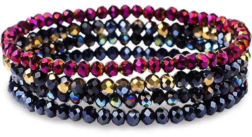 Damen Perlen Armband - Mehrschichtiges Kristall Steine Armband, Boho Modeschmuck für Frauen Mädchen Geschenke (Schwarz und Rot)