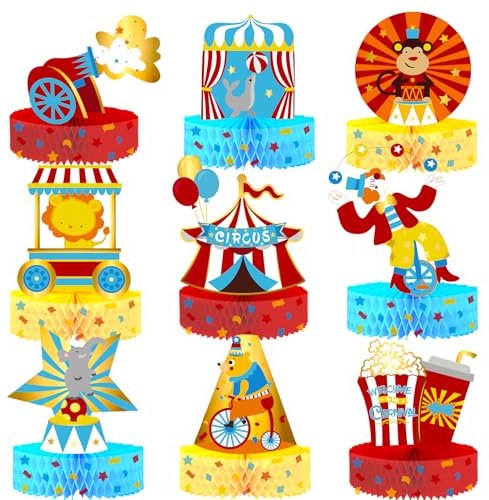 NICROLANDEE Karneval Party Dekorationen - 9 Stück Zirkus Waben Tischdekoration, 3D Zirkus Tiere Waben Mittelstücke Tischdeko für Karneval Zirkus Thema Geburtstag Babyparty Party Deko