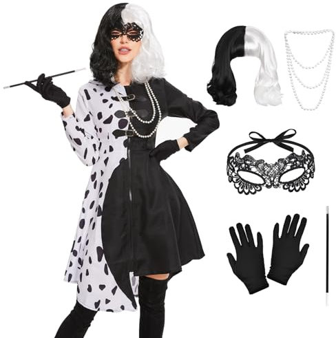 6 Stück Cruella Kostüm Damen Set, Cruella Devil Kostüm Damen mit Perücke Spitze Maske Handschuhe Perlenkette und Lange Stange, Schwarz Weißes Dalmatiner Kleid für Karneval Cosplay Party Fasching (XL)