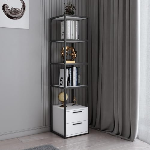 Modern Bookshelf, Black & White, 39 x 39 x 160 cm | 100% Melamine Coated Particle Board, 18 mm Thick, Sturdy Metal Frame | Stylish Storage for Home & Office