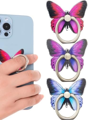 Bmeigo 3pcs Butterfly Cell Phone Ring Holders, Metal Mobile Phone Stand Mount 360 Roatation Adjustable Cellphone Support Ring Holder Finger Grips for All Smartphones (Rose/Purple/Light Purple)