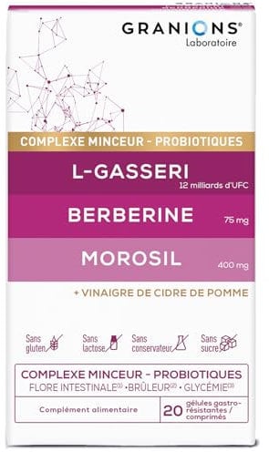 GRANIONS Probiotique Complexe Minceur - Morosil, Probiotique flore intestinale, Berberine, Vinaigre de cidre, Chrome, Lactobacillus Gasseri, Morosil Perte de Poids, Brule graisse, Ventre Plat 20 Jours
