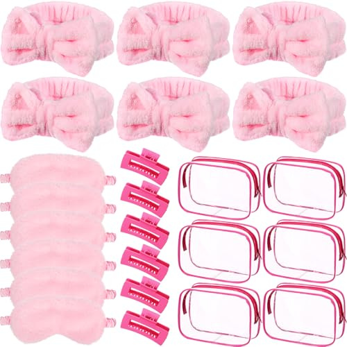 Wavyknot 24 Stück Partygeschenke für Mädchen, 6 rosa Spa-Make-up-Stirnbänder, Plüsch, 6 Plüsch-Schlaf-Augenmasken, 6 rosarote Haarklammern, 6 transparente Kosmetiktaschen für Schlummer, Partyzubehör