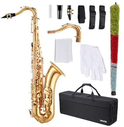VEVOR Tenor Saxophone, B Flat, Professional Brass Saxophone Beginner Kit with Carrying Case, Mouthpiece, Straps, Cleaning Cloth, Gloves, Neck Strap, 23 Keys Tenor Sax Kit, for Beginners Students, Gold