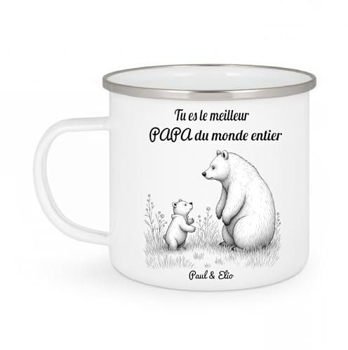 Mug Émaillé Meilleur Papa du Monde – Papa et Bébé Ours – Cadeau Personnalisé Fête des Pères – Tasse Papa avec Prénom(s) Enfant(s)