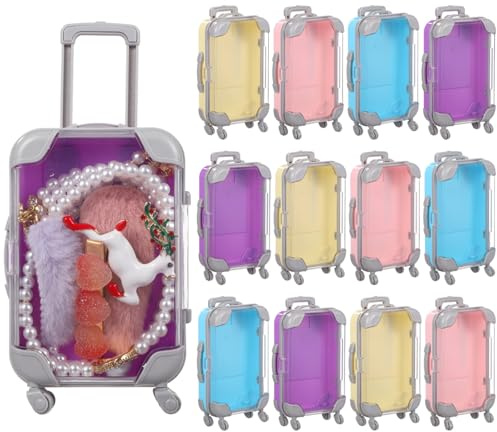 12 PCS Mini Suitcase Storage Boxes, Assorted Color False Eyelash Packaging Box, Clear Small Suitcase Plastic Holder, Rolling Empty Lash Box, Trolley Luggage Case Candy Boxes for Party