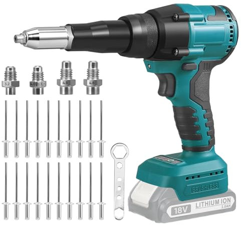 HuuppHip Cordless Rivet Gun Compatible with Makita 18V Batteries, 3/16 5/32 1/8 Brushless Rivet Gun with Adjustable Speed, LED Light & 20 Rivets, Portable Rivet Nut Gun Kit (Battery not Included)