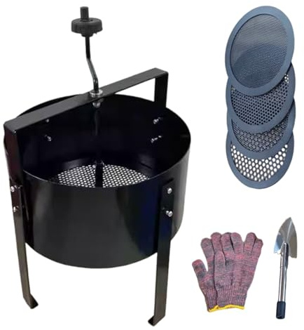 Setaccio rotante per terreno da giardino, setaccio per compost con maglie sostituibili (3/6/8/10) mm, pala e guanti, setaccio per la terra in acciaio