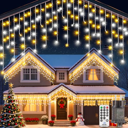 Eisregen Lichterkette Weihnachtsbeleuchtung Außen 10M - LED Warmweiß Beleuchtung Weihnachten Aussen mit Fernbedienung Timer 8 Modi Wasserdicht Lichtervorhang Aussen für Balkon Weihnachtsdeko Draußen