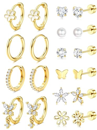 FIOROYAL 10 Paar Ohrringe Gold Damen Mädchen,Ohrstecker Ohrringe Set | Hypoallergene Chirurgenstahl Ohrringe Creolen Süße Piercing Ohr Helix Piercings Schmuck Damen Kinder Geschenk