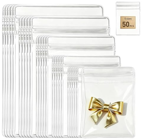 FrostyFlair smyckesväska, 50 stycken transparenta PVC smyckessäcken med dragsko, återstängbara säckar för påfyllning för ringar, örhängen & armband
